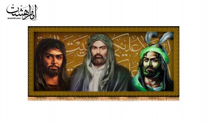 کتیبه پشت منبری تمثال امام علی ، امام حسین و حضرت ابوالفضل (ع)
