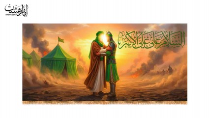 کتیبه پشت منبری امام حسین (ع) و حضرت علی اکبر (ع) وداع پدر با پسر