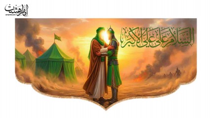 کتیبه پشت منبری امام حسین (ع) و حضرت علی اکبر (ع) وداع پدر با پسر