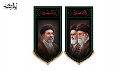 کتیبه آویزی ست دو تیکه حماسی محرمی مزین به تصویر رهبران جمهوری اسلامی ایران کد 29556