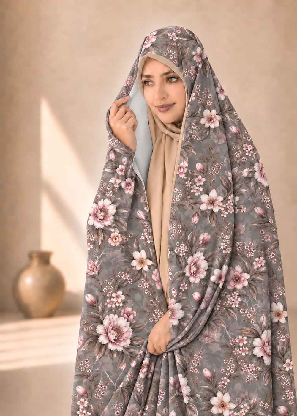 قواره پارچه چادری سوپرسافت طوسی با طرح گل‌های پیونی صورتی