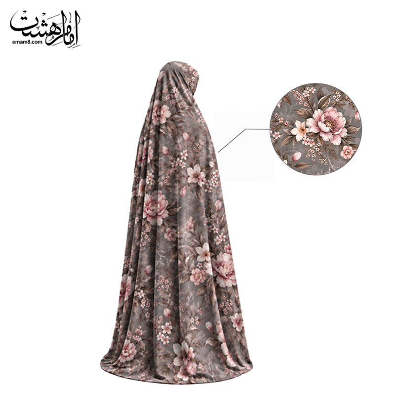 قواره پارچه چادری سوپرسافت طوسی با طرح گل‌های پیونی صورتی