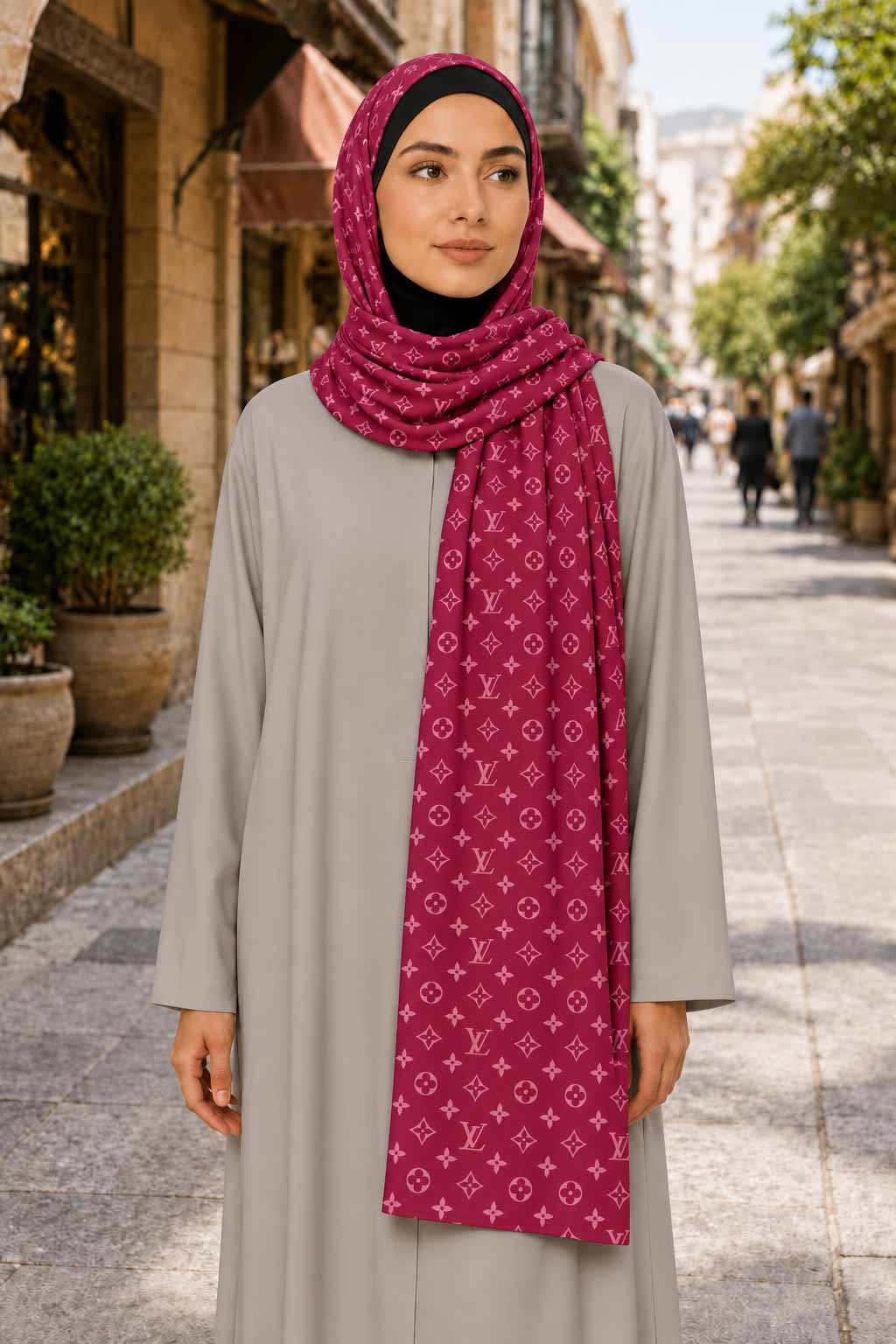 شال نخی زنانه طرح لویی ویتون زرشکی شرابی