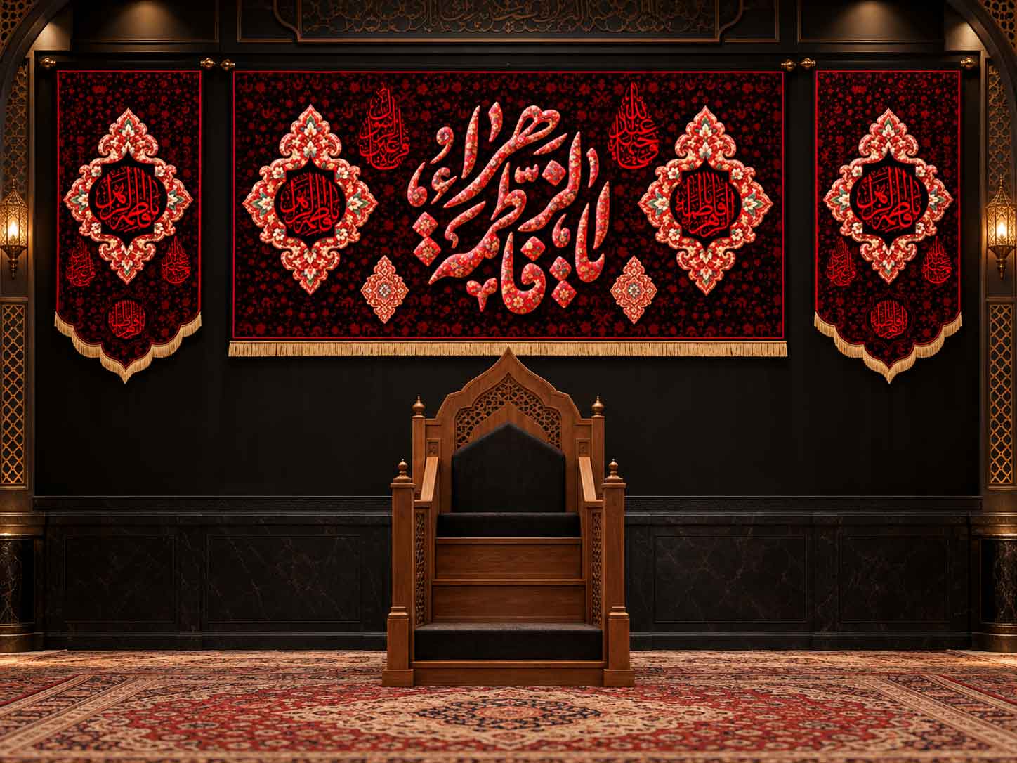 پک کتیبه پشت منبری حضرت فاطمه زهرا (س) و کتیبه اشکی طرح فرش قرمز