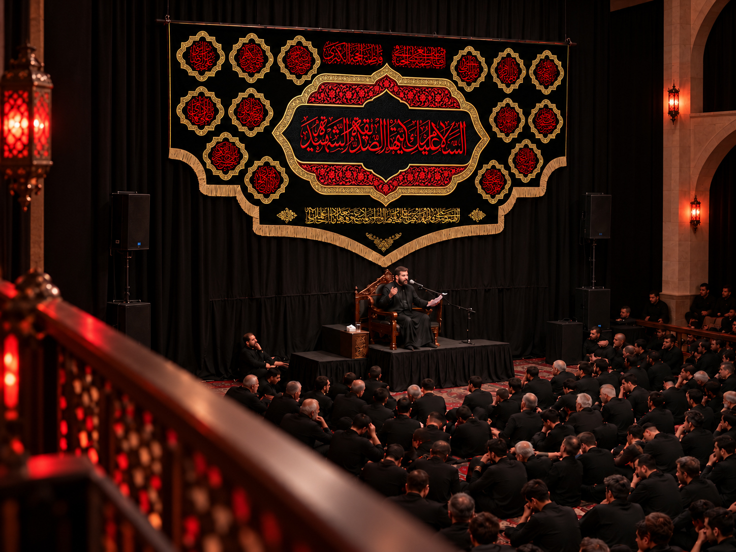 کتیبه پشت منبری شهادت حضرت فاطمه الزهرا (س) مزین به نام چهارده معصوم (ع)