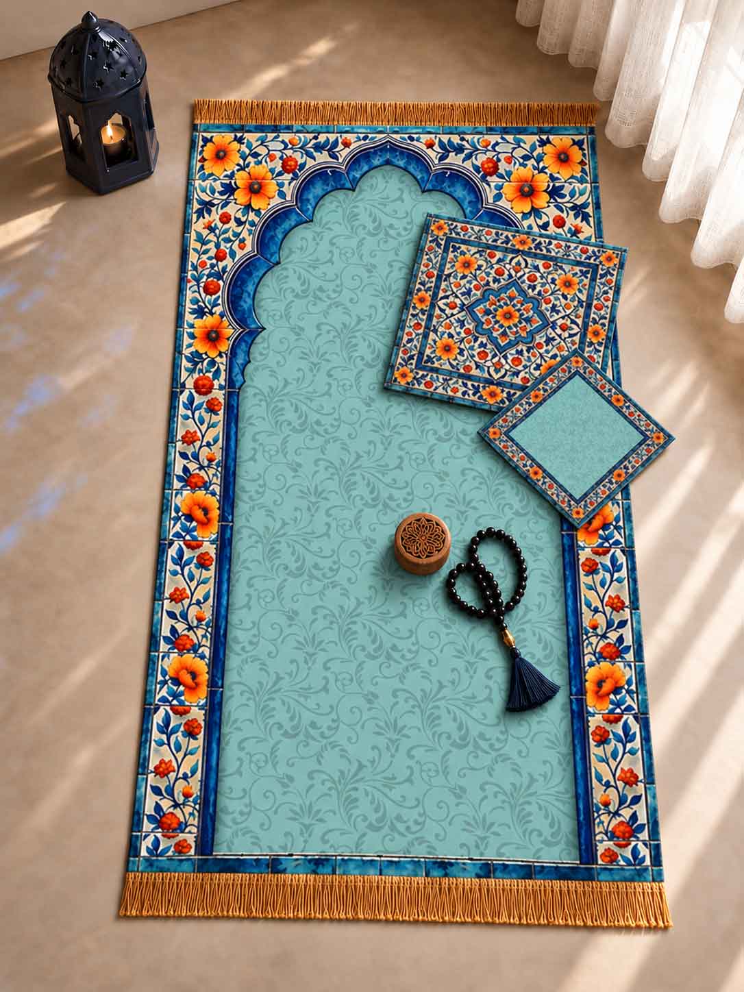 ست سجاده و جانماز طرح محراب گلدار آبی