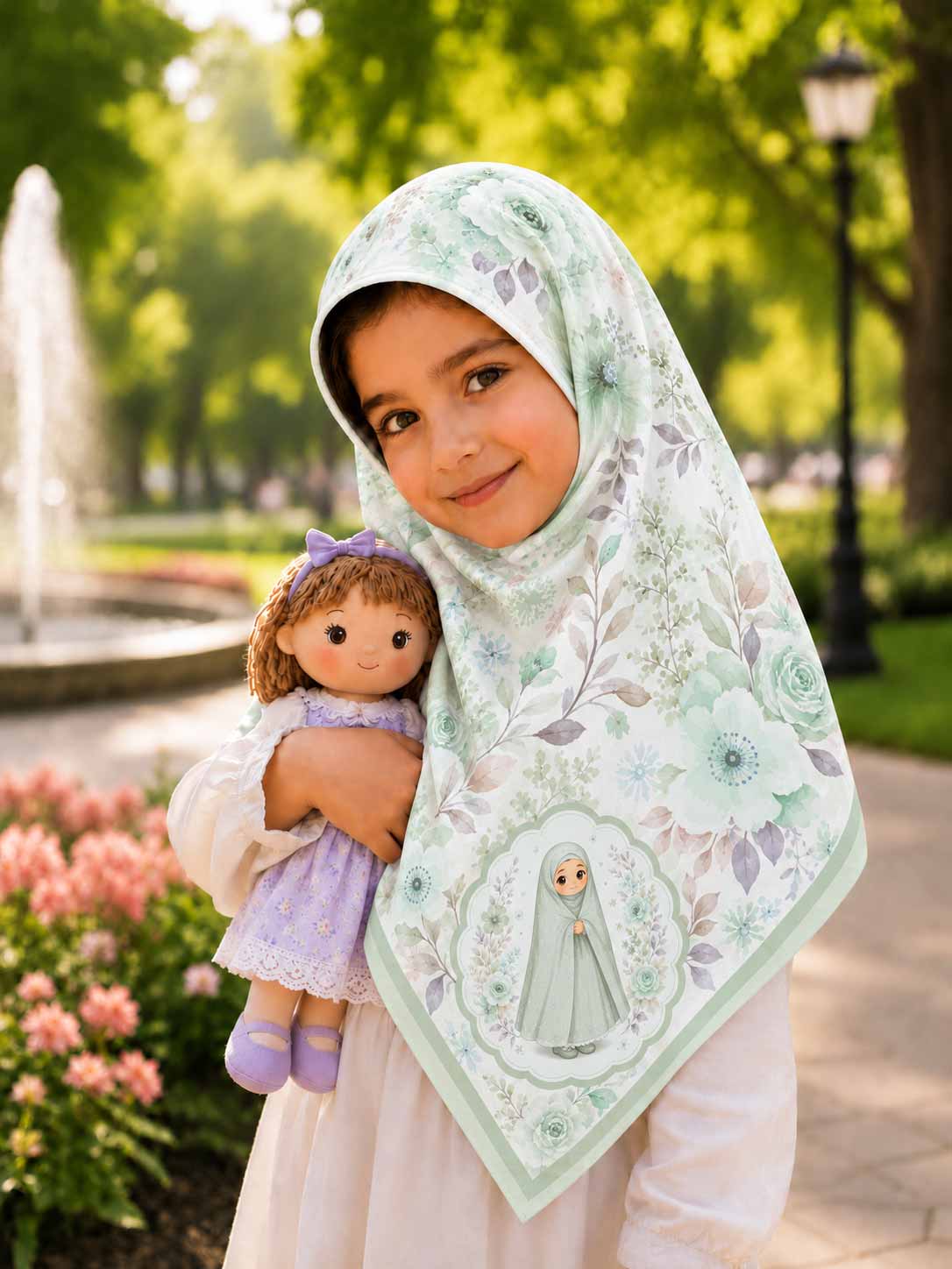 روسری نخی کودک دخترانه طرح گل سبز