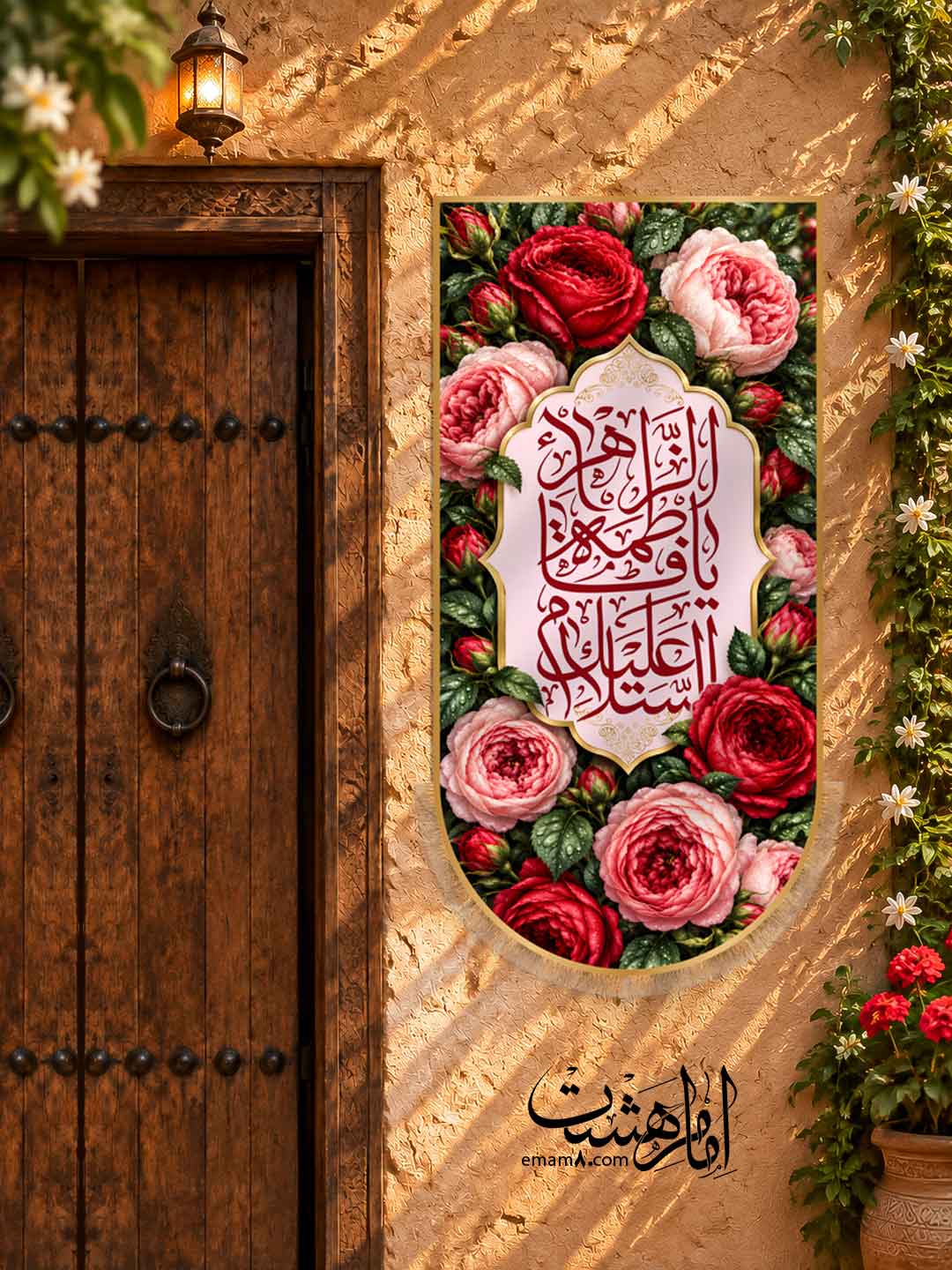 کتیبه آویزی ولادت حضرت زهرا (س) گل‌های برجسته فاطمی
